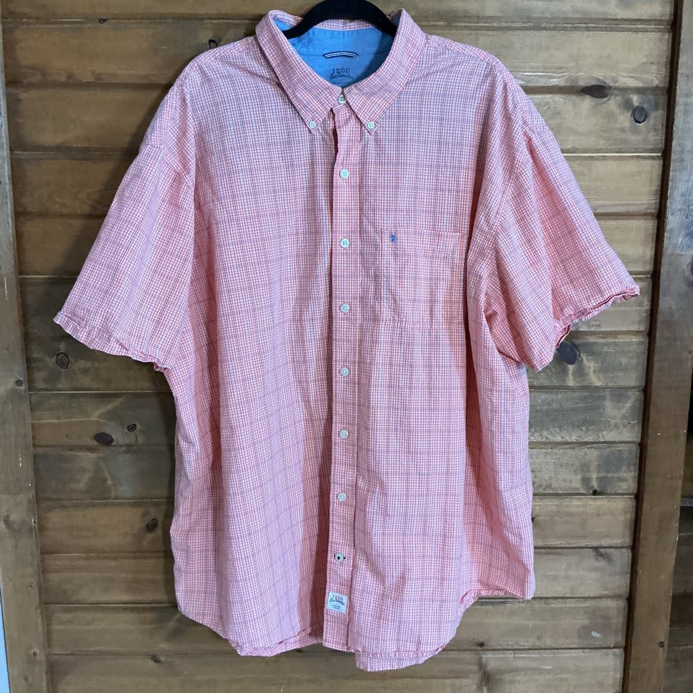 Izod Men's Orange and Blue Plaid Short Sleeve Shirt